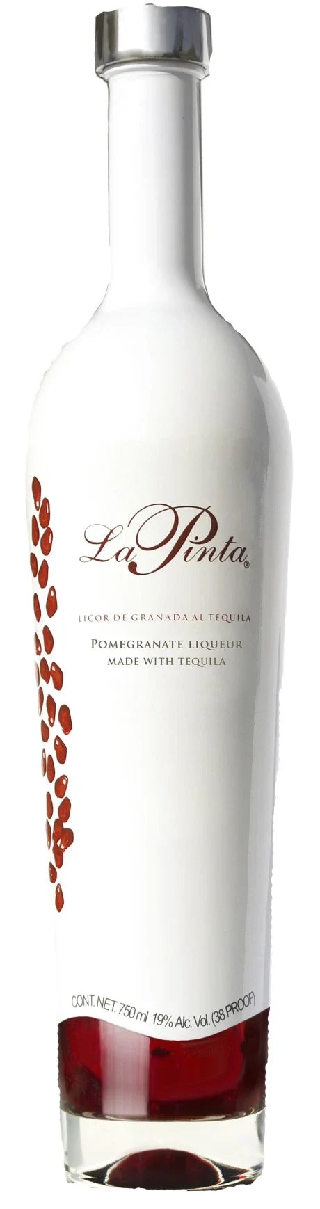 White bottle of La Pinta pomegranate liqueur with red accents on a white background