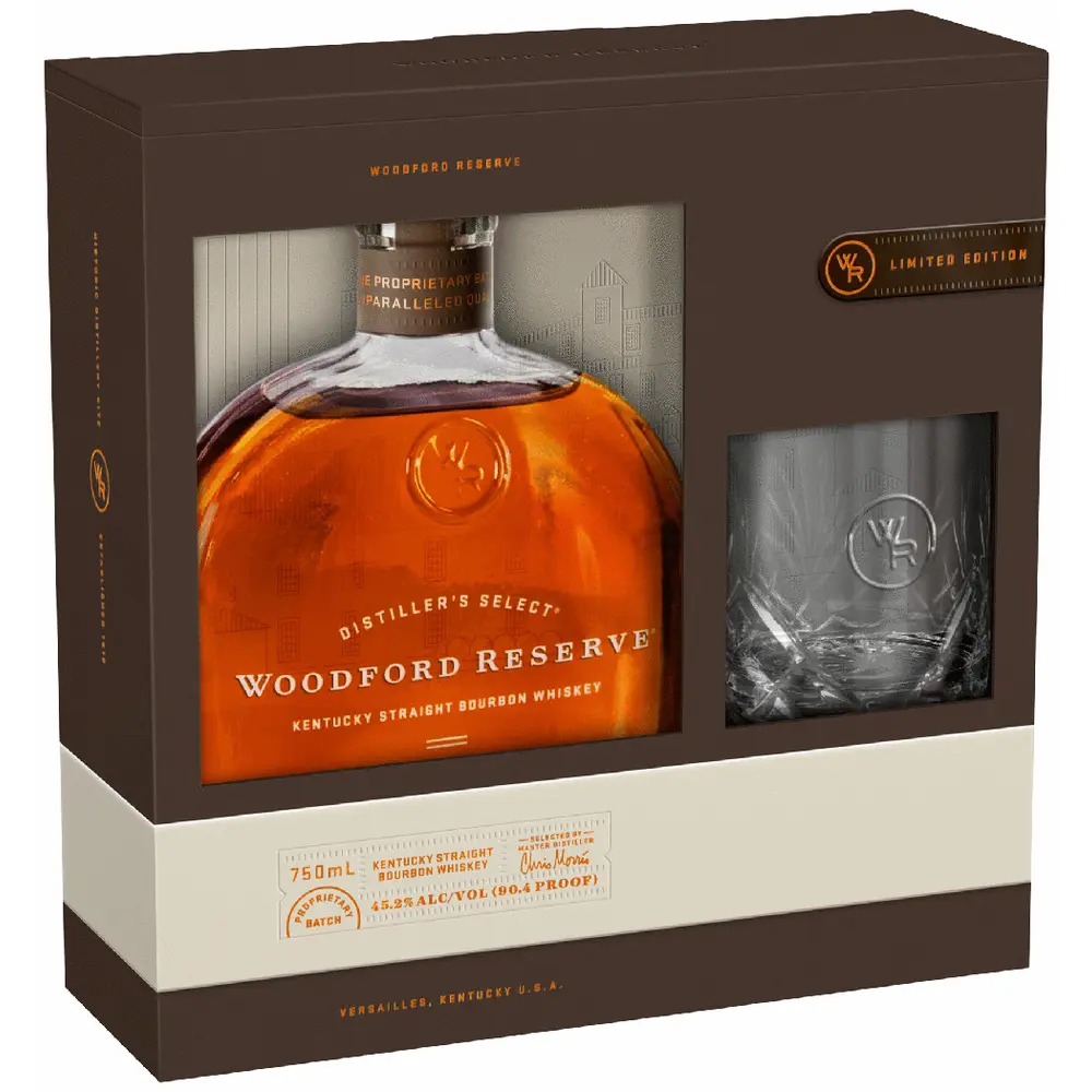 Woodford Reserve whiskey bottle and glass set in packaging