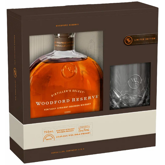 Woodford Reserve whiskey bottle and glass set in packaging
